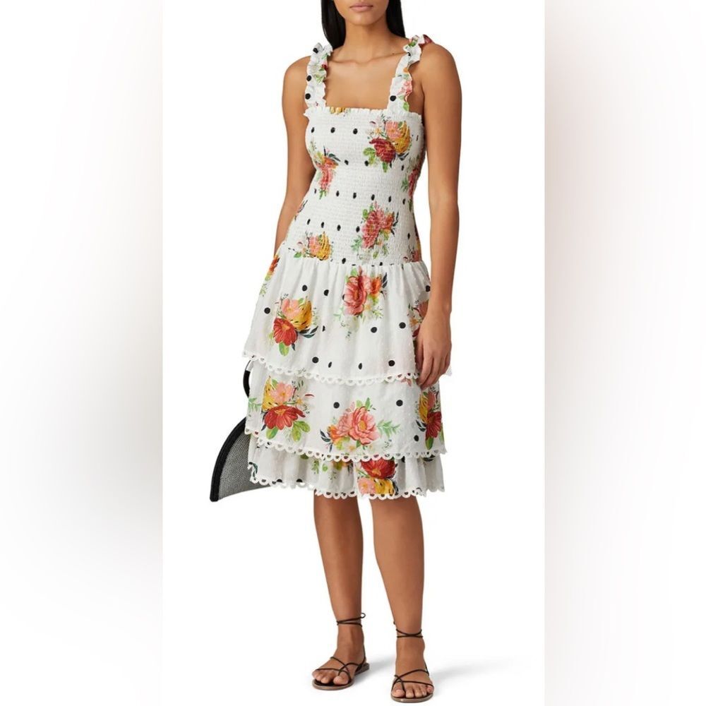 NEW Farm Rio White Nanaju Midi Dress size Small 100% Cotton Polka Dot Floral